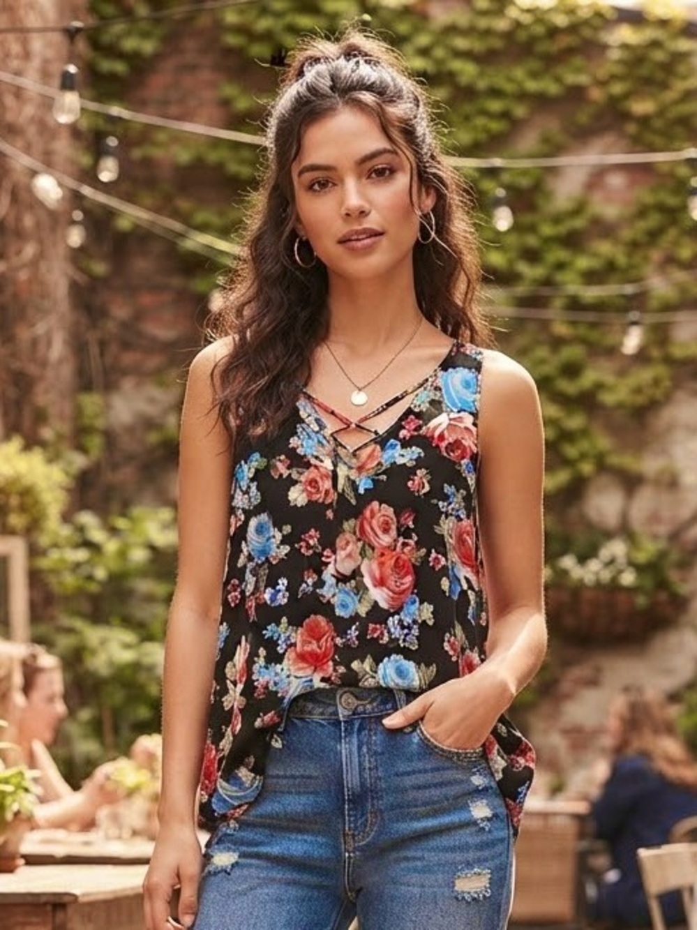 First Love Black Floral Crisscross V-Neck Camisole